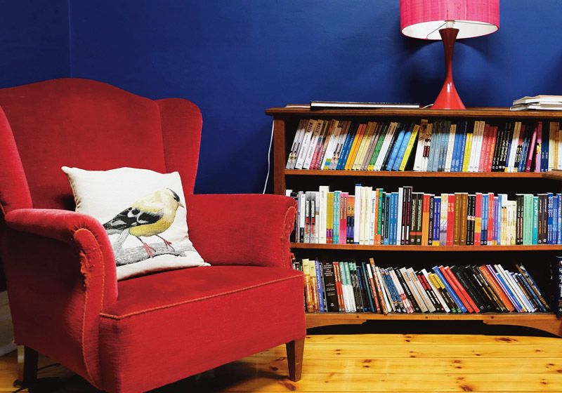 bookshelf and red lounge chair