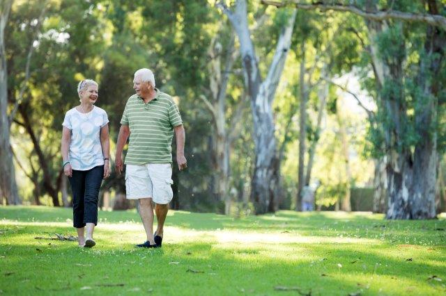 two older people walking in park