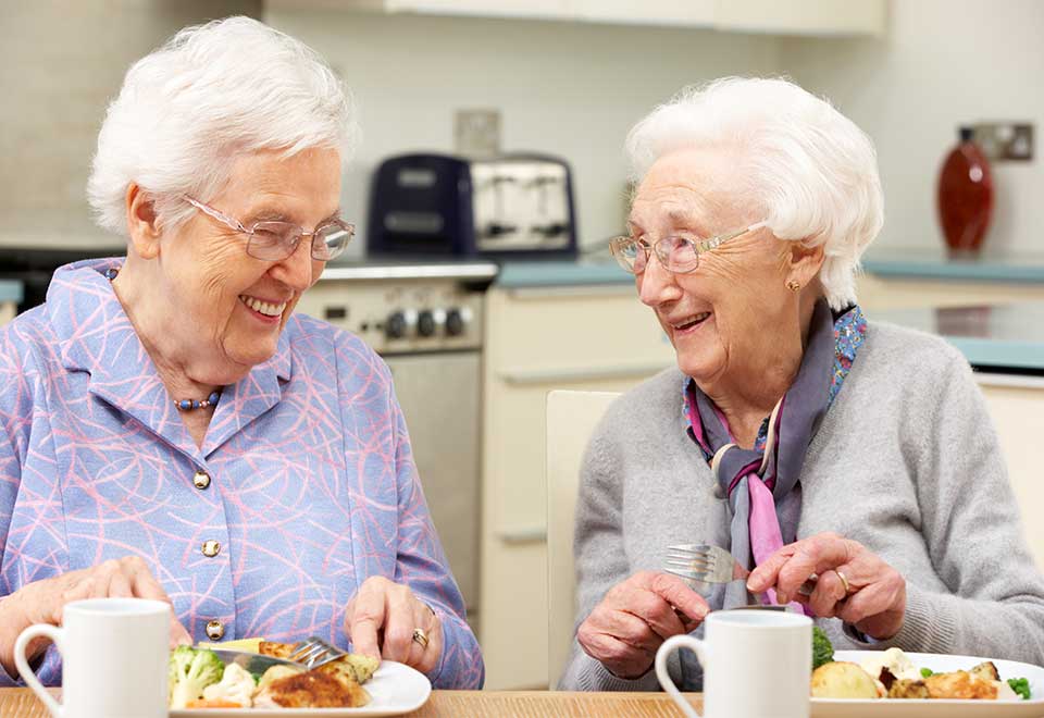 Two ladies enjoying a meal together, smiling and loving their life.