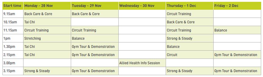 Schedule with health classes for Come and Try Health Studio 50+ Gilles Plains