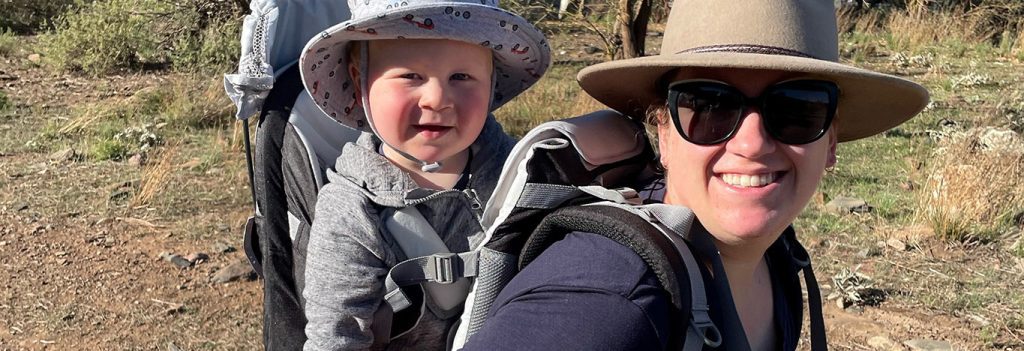Georgia with her son, going on a hike. Georgia shared her thoughts about motherhood and leadership