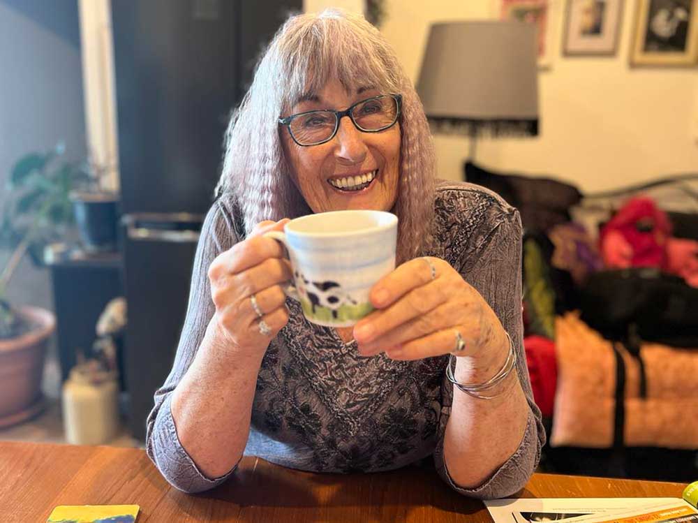 Jeannie enjoying a cup of tea
