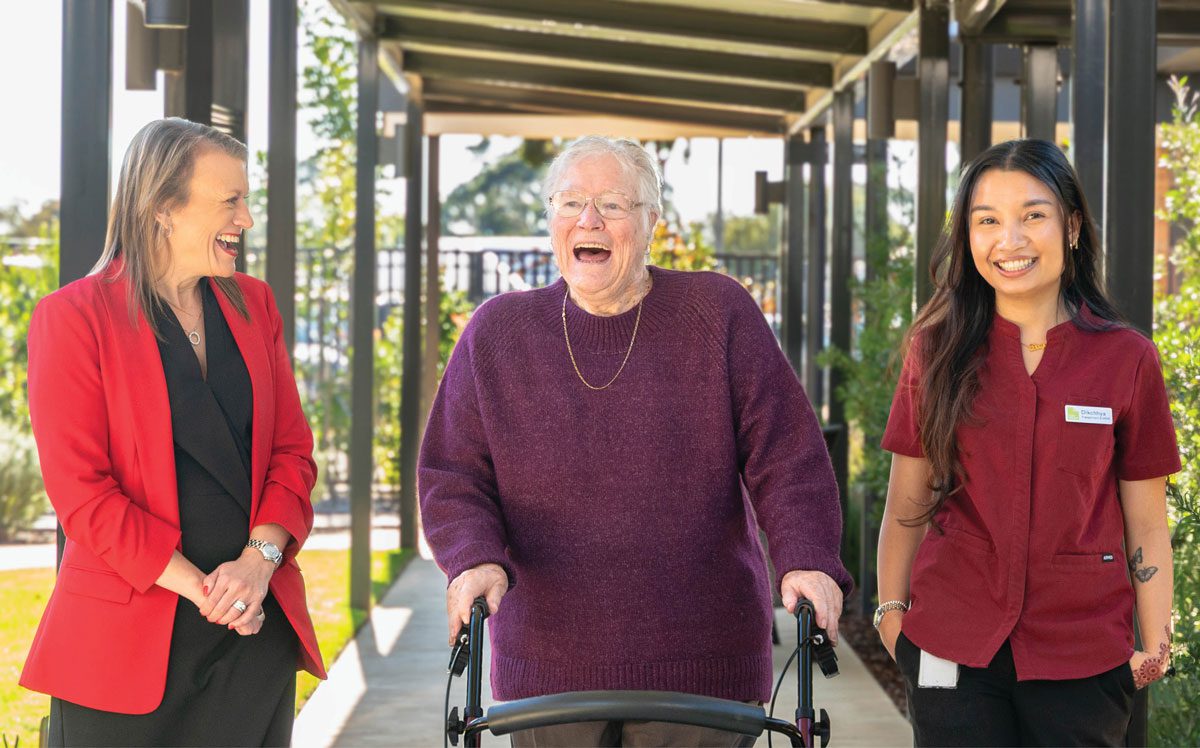 Pictured from left: ACH Group CEO Linda Feldt with Fay Tozer, a resident of Healthia Residential Care Home, and care worker Dikchhya Bhudhathoki.