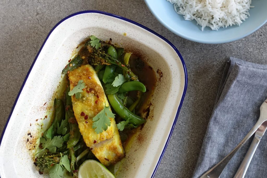 Turmeric baked fish with ginger greens and steamed rice