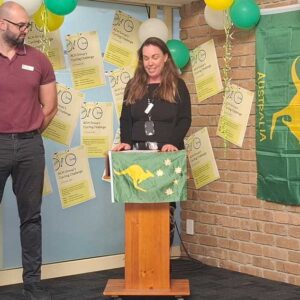 Beth officially opening the cycling challenge at Perry Park