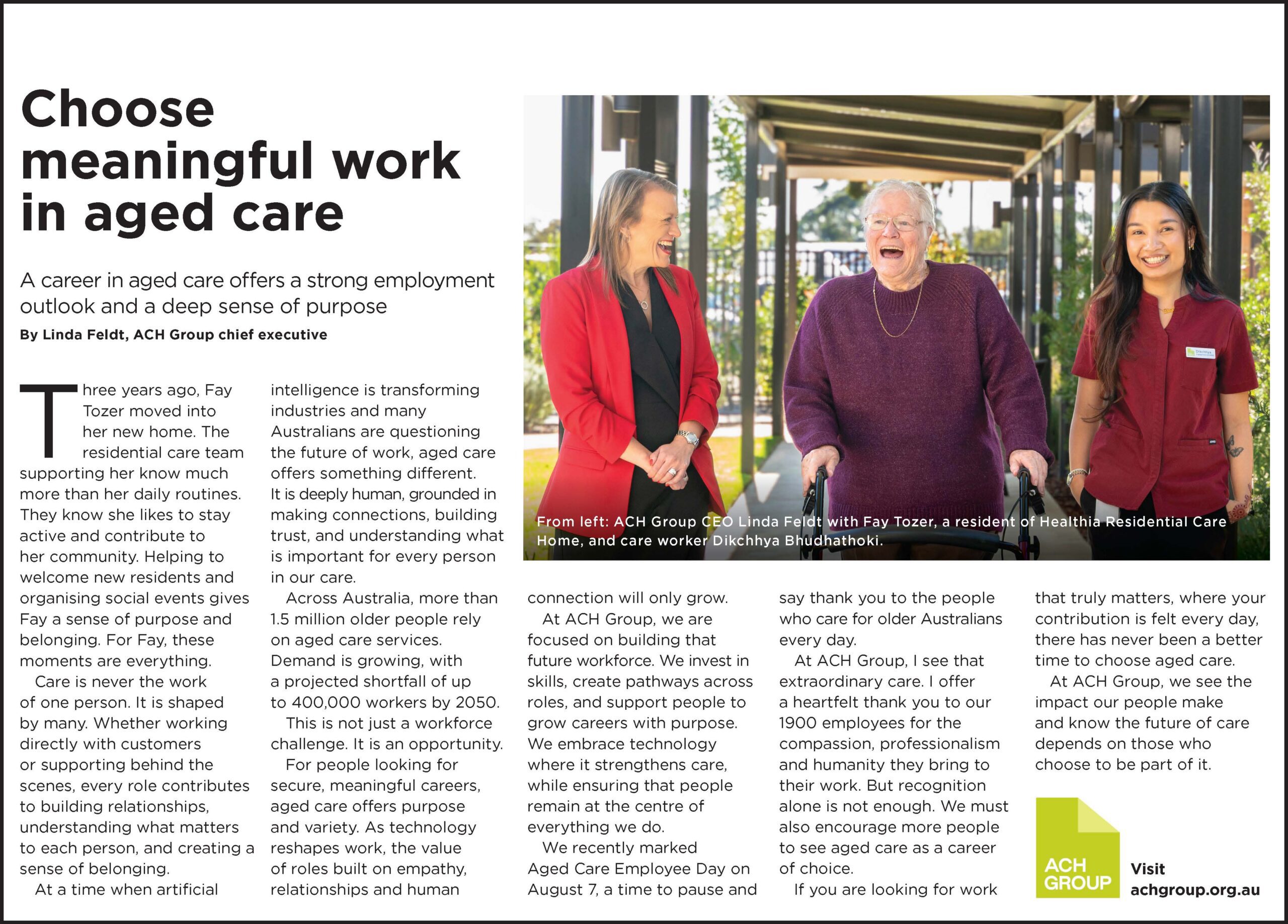 Choose meaningful work in aged care - article from The Sunday Mail