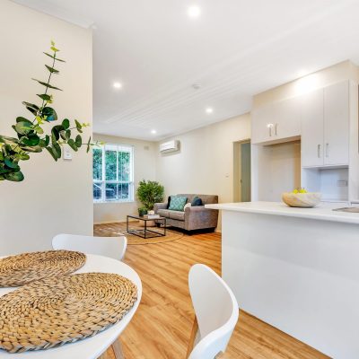 Lounge and dining area u2 St Georges Court lounge room at Magill retirement housing unit in adelaide